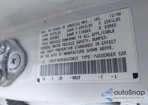 2009 Honda Accord 3.5 Ex-L из США, поврежденный, VIN 1HGCP36859A030823